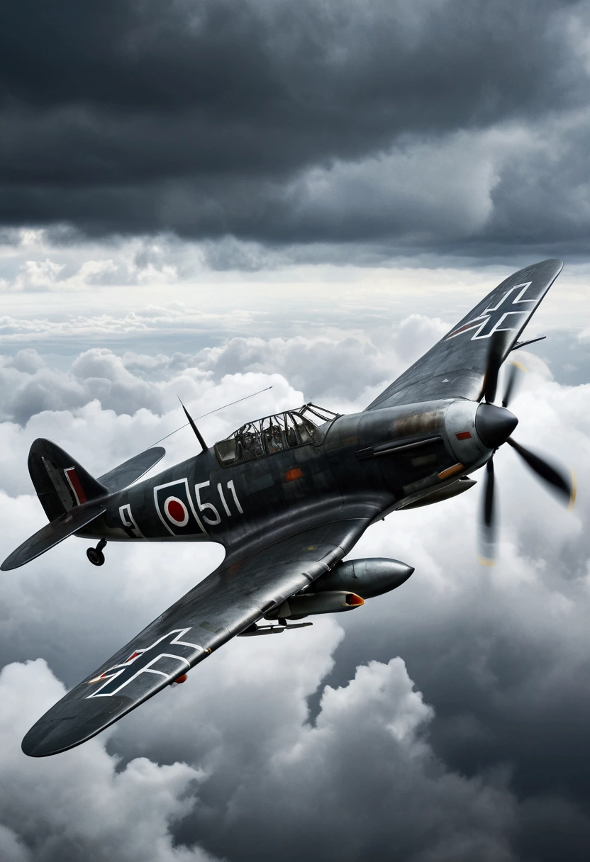 8k quality, ultra-high-definition real photo, World War II, German Air Force Focke-Wulf fighter, air combat in the gloomy cloudy sky, powerful focus.