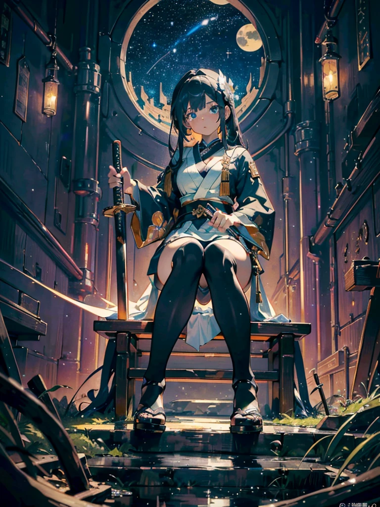 (Highest quality、High resolution、8k、masterpiece:1.2)。Her eyes were shining like stars、Curvaceous yet slender、Cleavage、Squat、Yankee sitting。Battle Girl、Looking down but eyes looking straight ahead。Crouched down and glaring at the viewer。Using a Japanese sword as a walking stick to support one's body。1 girl、Bristling God、Twin tails that rise up、Long Hair、Disheveled Hair、Hair swaying in the wind、Long-sleeved red and black floral kimono、Perfect、Original Character、(background:nightのネオン街、Puddles form after the rain、night、Neon glowing sign)、Long kimono sleeves、Holding a Japanese sword、backgroundのぼやけ、Tattoo、Depth of written boundary。Reflection in a puddle。geta、tabi、