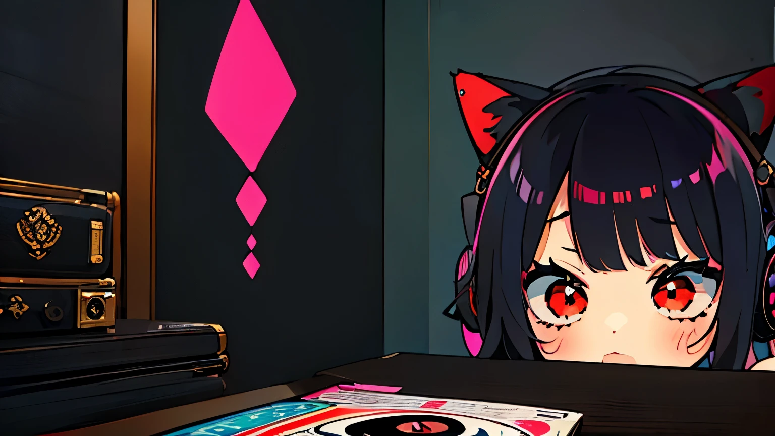 (junkotvv cabello negro, orejas de gato, ojos rojos), Best quality, (masterpiece), best detail face,1 girl, big breasts, 18 yo, 8k,absurdres,unity 8k wall paper,(extremely detailed:1.3), highest realistic, (retro headphones:), (soft neon light:), (psychedelic), Her room full of music equipment and records, sports wear , See the whole room , dark grey color pallet
