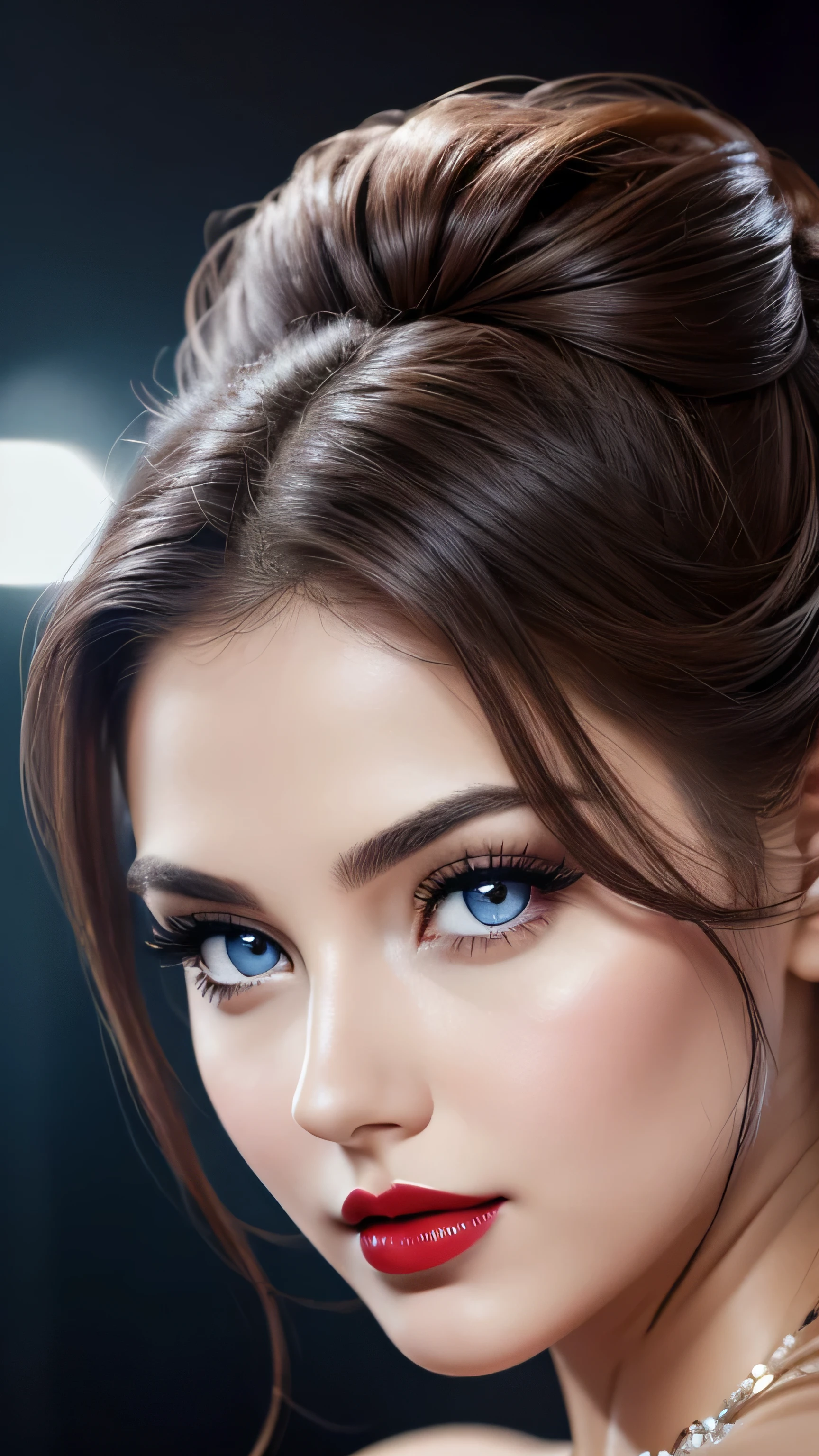 night bokeh effect background, Perfect pink eyes, Great face, Beautiful appearance, ((Red lips, Bright Eyes, Curve Heir 1.5)), ((Beautiful detailed body)), Amazing gorgeous, amazing beautiful face, Pretty face, Bright Eyes, Updo Elegant Hair, Blurred gray tone background, super concentrated, Illuminate, Facial details, 8k resolution, I drew, Dry brush, Brush strokes,