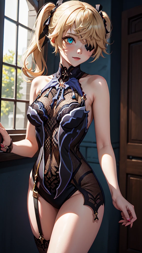 Young blonde girl, black eye patch, twin large ponytails, 
BREAK (masterpiece:1.2), best quality, high resolution, unity 8k wallpaper, (illustration:0.8), (beautiful detailed eyes:1.6), extremely detailed face, perfect lighting, extremely detailed CG, (perfect hands, perfect anatomy), joyful, laughing, Happy, (thigh corset with deep lace neckline), portrait (3:4), posing. In darkness next to a scary castle.