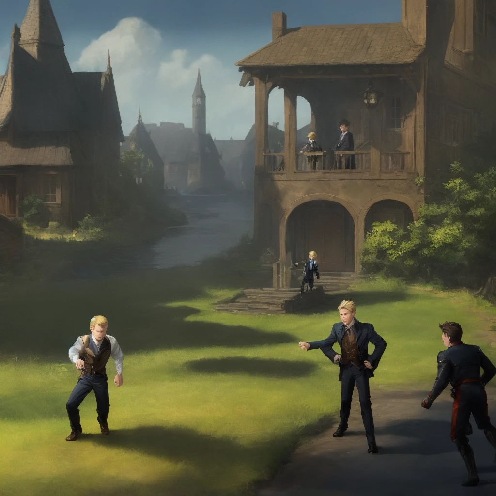 , best quality picture, handsome blonde teen boy harassed by an angered Captain Jack harkness teen boy, detailed town scenery,
