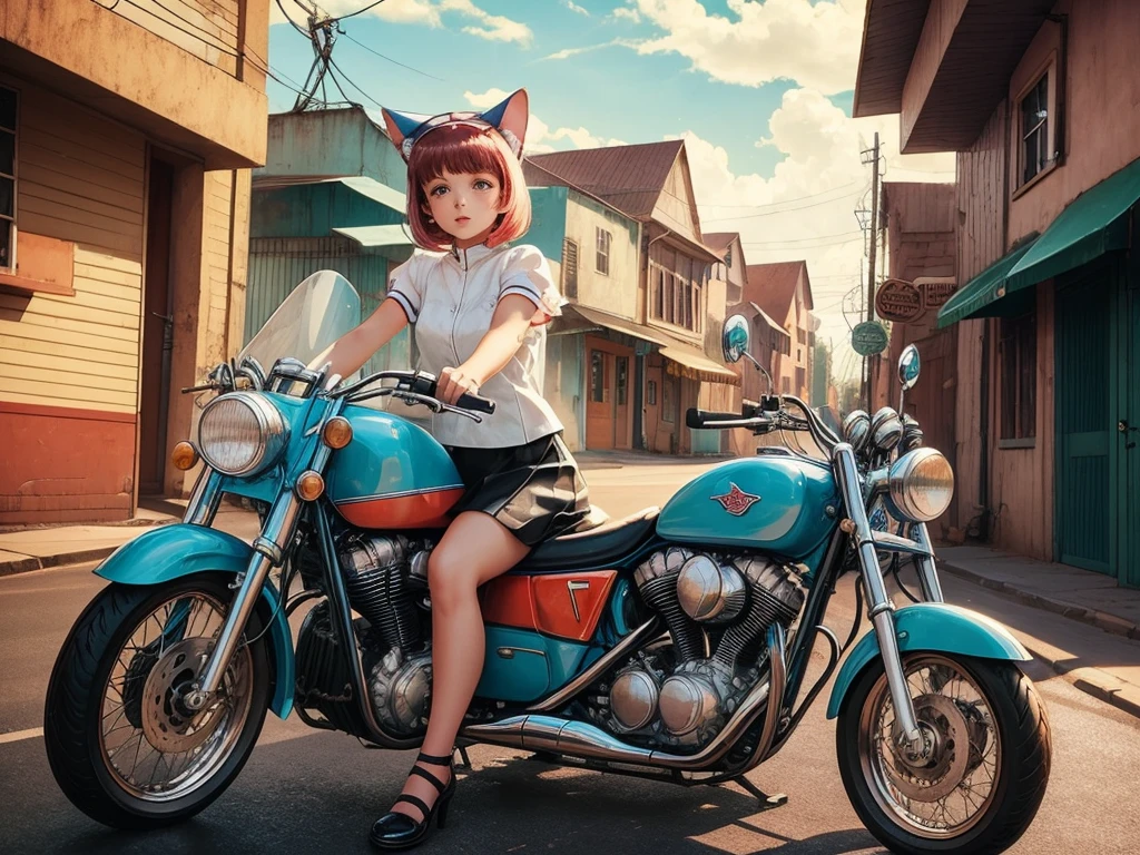 ８０A cat-eared girl riding a motorcycle through a 1960s-style town