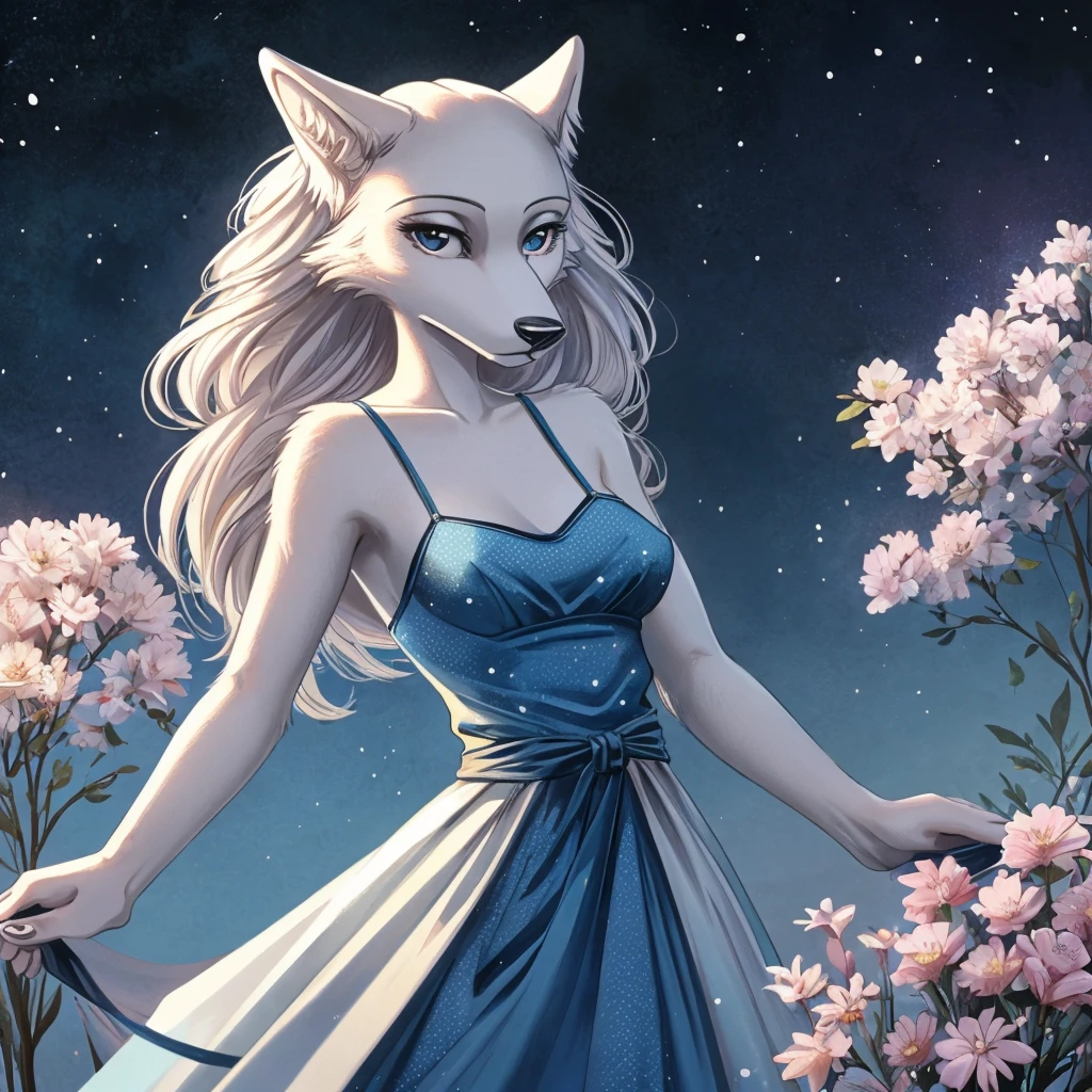 The female white wolf in the Beastars universe emanates a serene and ethereal beauty. With a slender frame and pristine white fur, she exudes grace and purity. Wearing a Dark Blue 1930s Polka Dots Spaghetti Straps Dress, she combines sophistication with a gentle and kind vibe. 