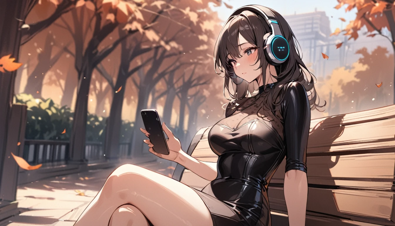 ((Top Quality)), ((Masterpiece)), ((Details)), perfect face, perfect body, fallen leaves background, sitting on a bench, listening to music, wearing headphones, wearing tight clothes, wear a tight skirt, dating, Woman with face visible, glamorous