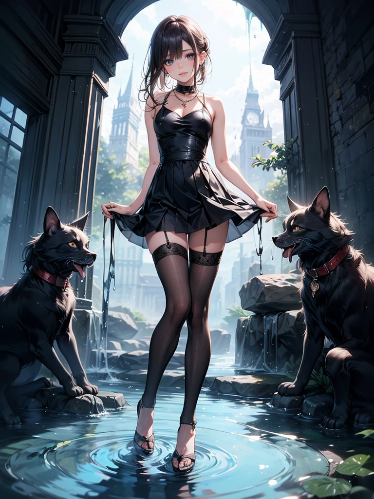 ((Biologically correct limb count)),(( From head to toe,Full-body photo including face)),4K,((Standing position)),masterpiece,((Focus on the face)),((Symmetrical facial features)),Eyes with detailed description,Beautiful woman,Great style,Beautiful arms,Beautiful legs,Beautiful Hands,Small Ass,Thin thighs,(Black Stockings),Detailed depiction of the face,Small earrings,necklace,(Casual clothing,High heels,Long skirt),Dancing on the water surface,Focus on the face,Dripping Water,The mist creates a fantastic atmosphere,(See-through clothing)