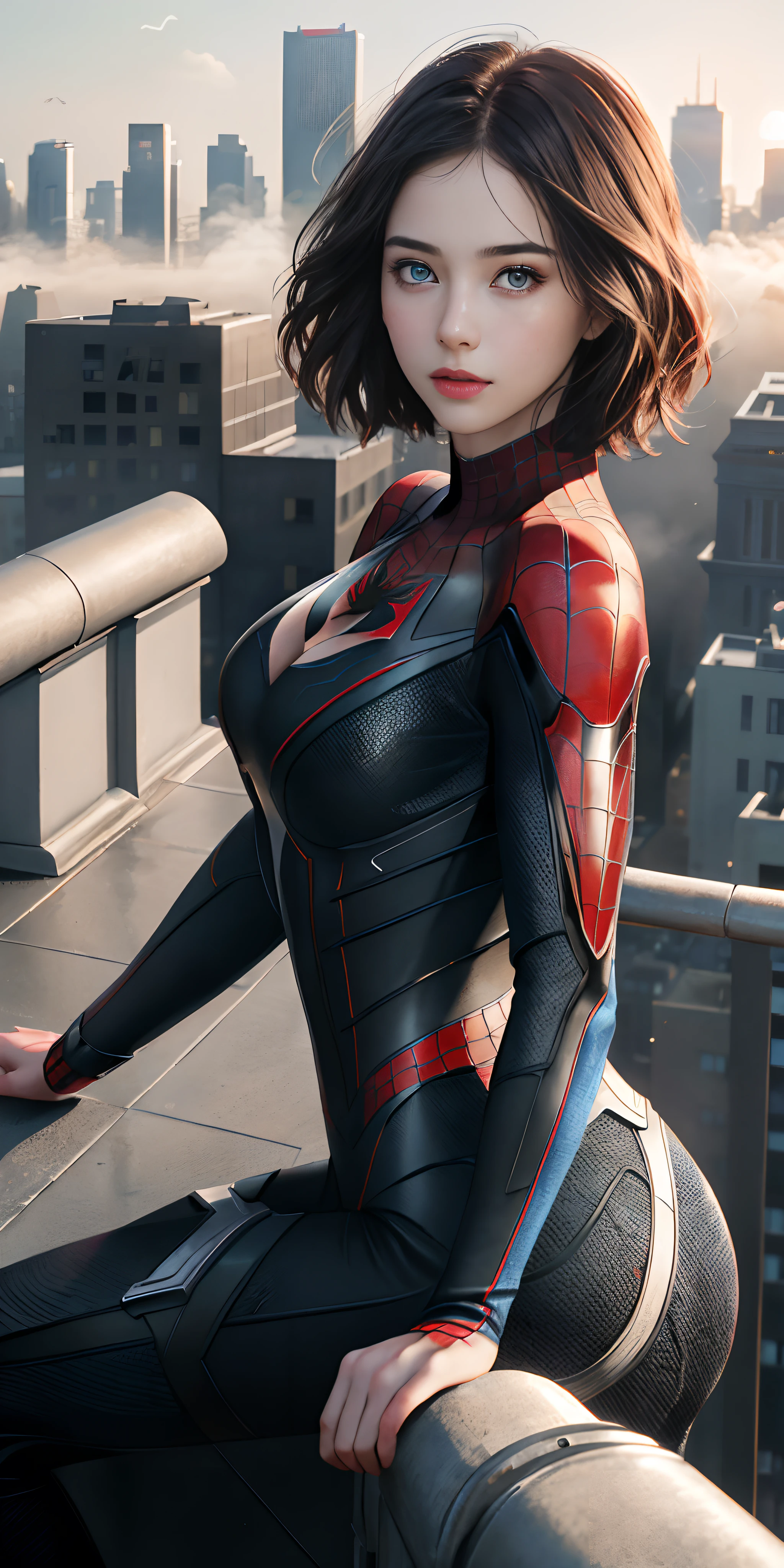 (1girl:1.3), Solo, (((Very detailed face)))), ((Very detailed eyes and face)))), Beautiful detail eyes, Body parts__, Official art, Unified 8k wallpaper, Super detailed, beautiful and beautiful, beautiful, masterpiece, best quality, original, masterpiece, super fine photo, best quality, super high resolution, realistic realism, sunlight, full body portrait, amazing beauty, dynamic pose, delicate face, vibrant eyes, (from the front), She wears Spider-Man suit, red and black color scheme, spider, very detailed city roof background, rooftop, overlooking the city, detailed face, detailed complex busy background, messy, gorgeous, milky white, highly detailed skin, realistic skin details, visible pores, clear focus, volumetric fog, 8k uhd, DSLR, high quality, film grain, fair skin, photo realism, lomography, futuristic dystopian megalopolis, translucent, eyes looking at the camera, big , short hair
