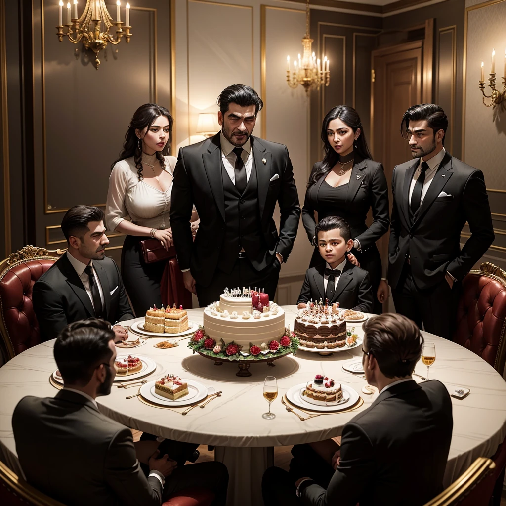 A mafia boss is celebrating his birthday with his family while sitting on a chair in his luxurious home,,Everyone is talking and laughing,There is a birthday cake on the dining table,His family stood beside him and enjoyed it with him