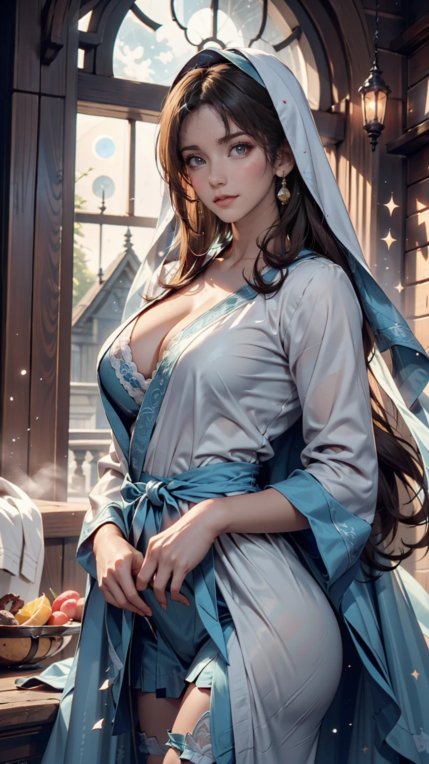 Mother of Jesus(Virgin Mary), Black hair and green eyes, light brown skin, Wearing a light blue robe, And a sky-blue veil, A calm expression that brings peace (whole body) Near the window, Illuminated by the moonlight (Magnificent and realistic)、Sexy proportions、Lift the hem of the sexy robe to reveal the crotch(Sexual exposure、pubic hair)、
