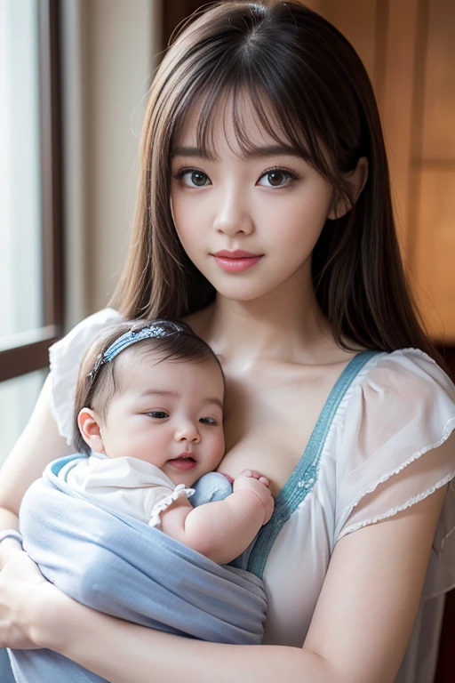 masterpiece, best quality, girl, (아름다운 girl, 채소 girl: 1.3), (19 years old: 1.3), very precise definition, (symmetrical eyes: 1.3), , brown eyes, split bangs, silver hair, girl, (Eyes and facial details: 1.0), (close up) face enlargement, face enlargement, face focus: 1.0), best smile, 8k, disney style, vista, complicated, (((((1 woman))))), (((Holding a 6 month old baby))), (((breastfeeding a baby))), resembles mother,