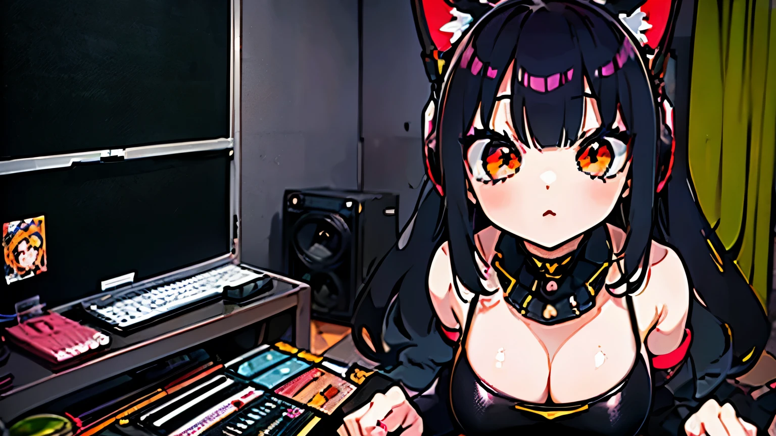 (junkotvv cabello negro, orejas de gato, ojos rojos), Best quality, (masterpiece), best detail face,1 girl, big breasts, 18 yo, 8k,absurdres,unity 8k wall paper,(extremely detailed:1.3), highest realistic, (retro headphones:), (soft neon light:), (psychedelic), Her room full of music equipment and records, sports wear , See the whole room , dark grey color pallet
