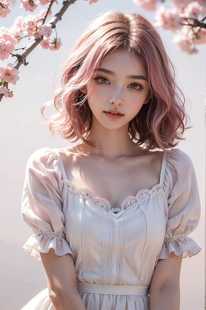 Light pink hair, Pink Eyes, Pink and white, Sakura Leaves, Bright colors, White Dress, Paint splash, Simple background, Ray Tracing, curls