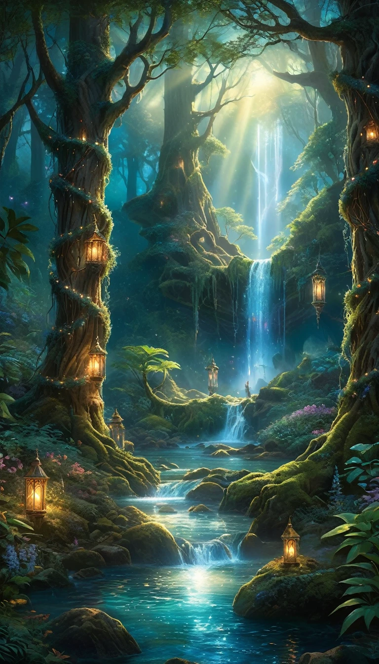 enchanted forest at twilight, ethereal light filtering through ancient towering trees, vividly detailed lush undergrowth, mystical creatures lurking in the shadows, sparkling fairy lights weaving through the foliage, a crystal-clear stream with water so pure it glows, cascading waterfall in the background with magical properties, fantasy wildlife drinking at the water's edge, highly detailed, photorealistic textures on every surface, soft diffused lighting creating a serene atmosphere, high dynamic range, ultra HD 8K resolution, depth of field emphasizing the magical focus points, art by Thomas Kinkade and Roger Dean, immersive, otherworldly beauty captured in cinematic quality,