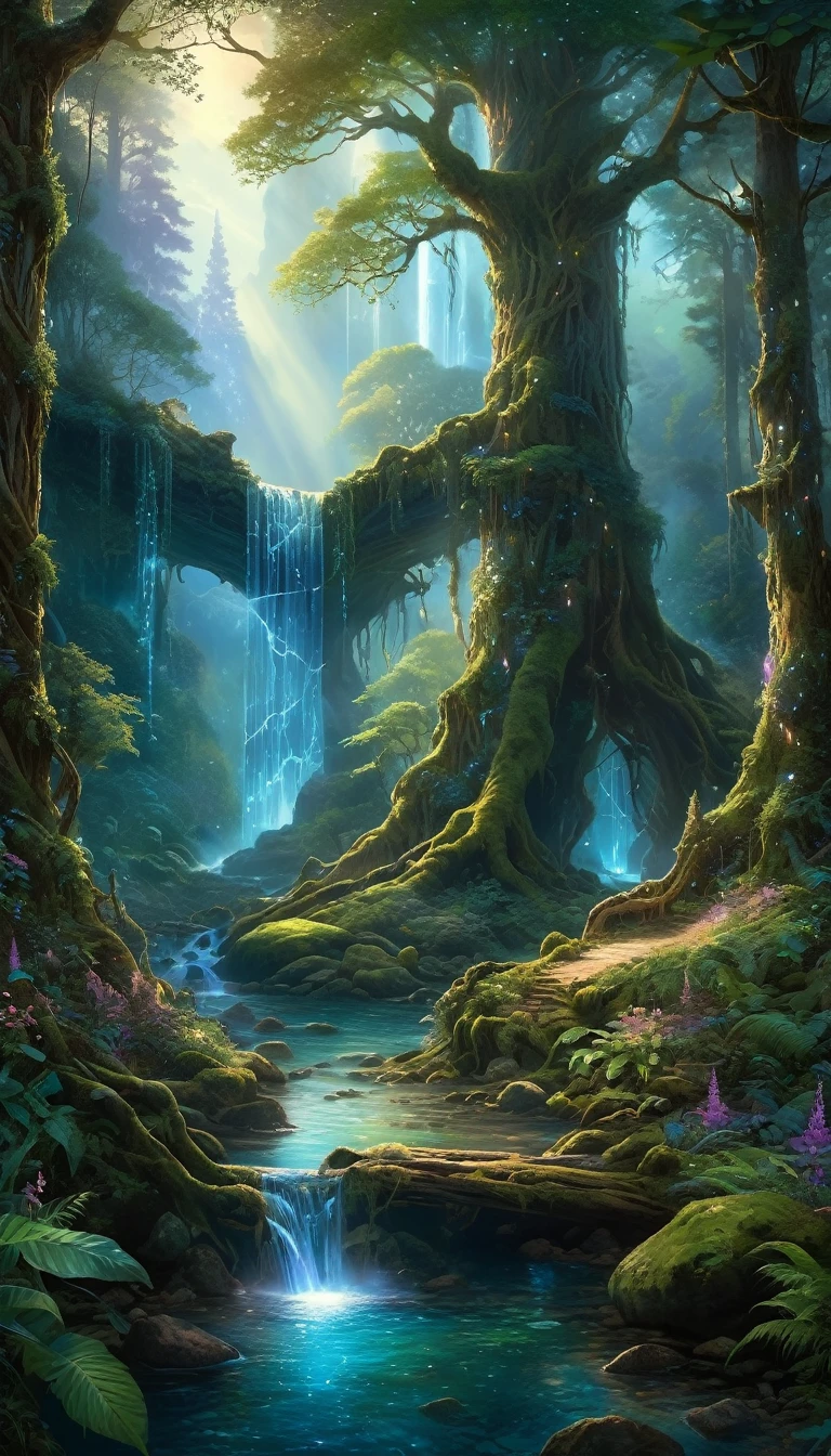 enchanted forest at twilight, ethereal light filtering through ancient towering trees, vividly detailed lush undergrowth, mystical creatures lurking in the shadows, sparkling fairy lights weaving through the foliage, a crystal-clear stream with water so pure it glows, cascading waterfall in the background with magical properties, fantasy wildlife drinking at the water's edge, highly detailed, photorealistic textures on every surface, soft diffused lighting creating a serene atmosphere, high dynamic range, ultra HD 8K resolution, depth of field emphasizing the magical focus points, art by Thomas Kinkade and Roger Dean, immersive, otherworldly beauty captured in cinematic quality,