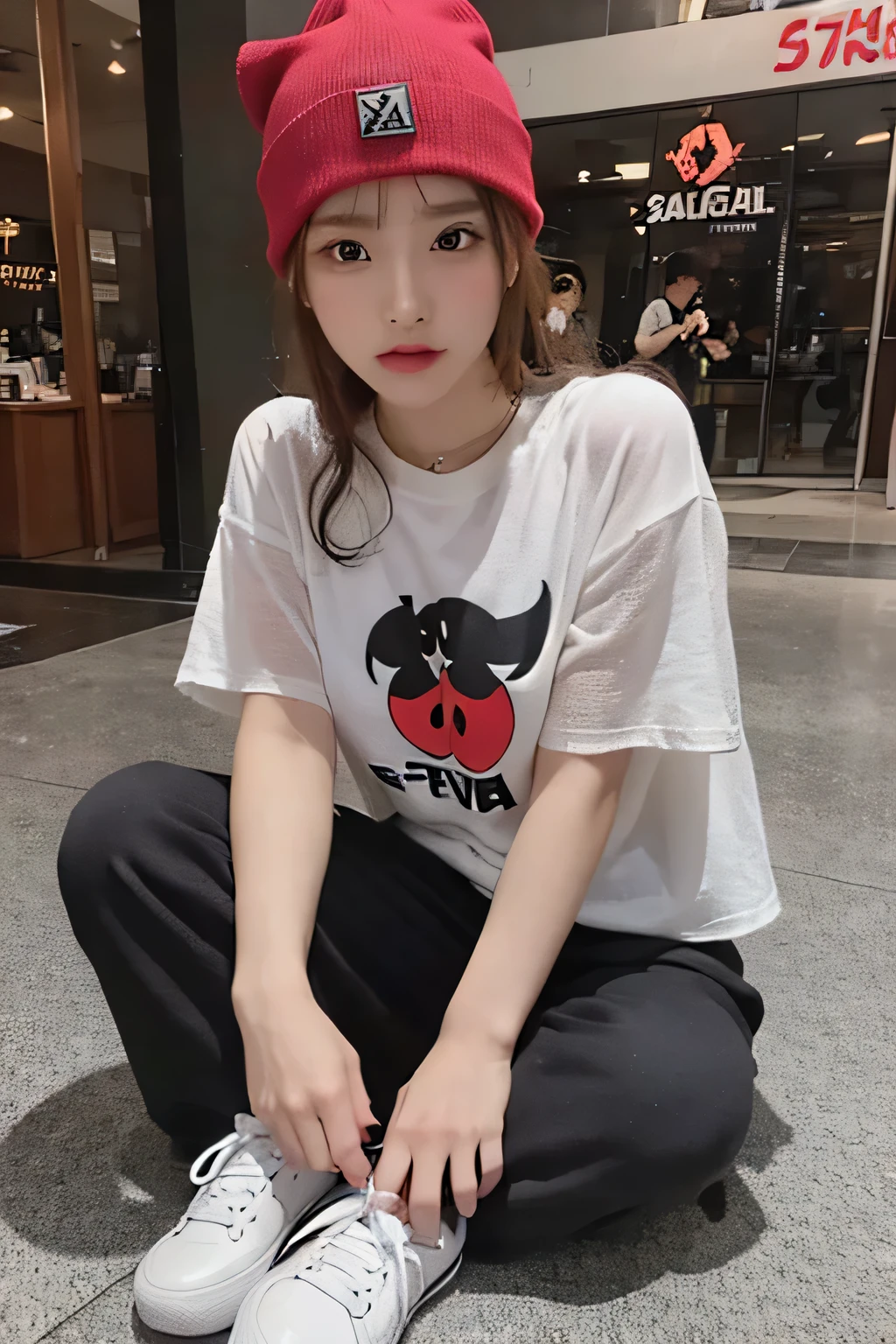 girl wearing black oversized tshirt, short sleeves with " Devils Figures" logo on it , baggy pants and white sneakers sitting outside the korean mall holding red purse posing for instagram story, full body shot, straight blonde hair with bangs, 20 years old, wearing beanie --ar 51:64