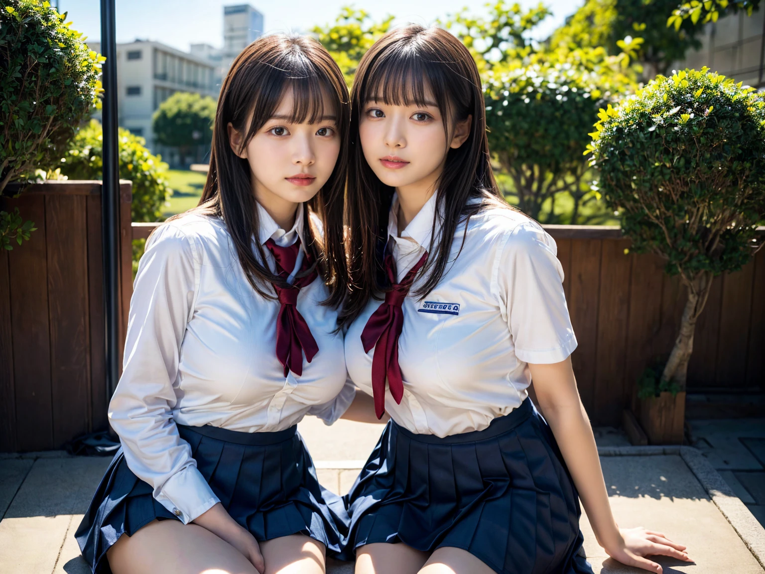 (RAW photo, 4k, masterpiece, high resolution, extremely complex) (realistic: 1.4), cinematic lighting
((2 girls, 2 schoolgirls)),Slam Dunk's,blushing,((innocent)),bright eyes,round eyes,blunt bangs,(straight hair:1.3),black hair,large breasts,wide hips,Summer Noon, ,Hot, (Best Quality), (Highres), (an Extremely Delicate and Beautiful),(Beautiful 8k face),(Brown eyes),short bob hair,( spectators),(gigantic breasts),(Play with each other,Touching each other's bodies,Touching the body),(Japanese high school uniform:1.3),blue skirt,(reality),bright lighting,(The background is a luxury hotel room)