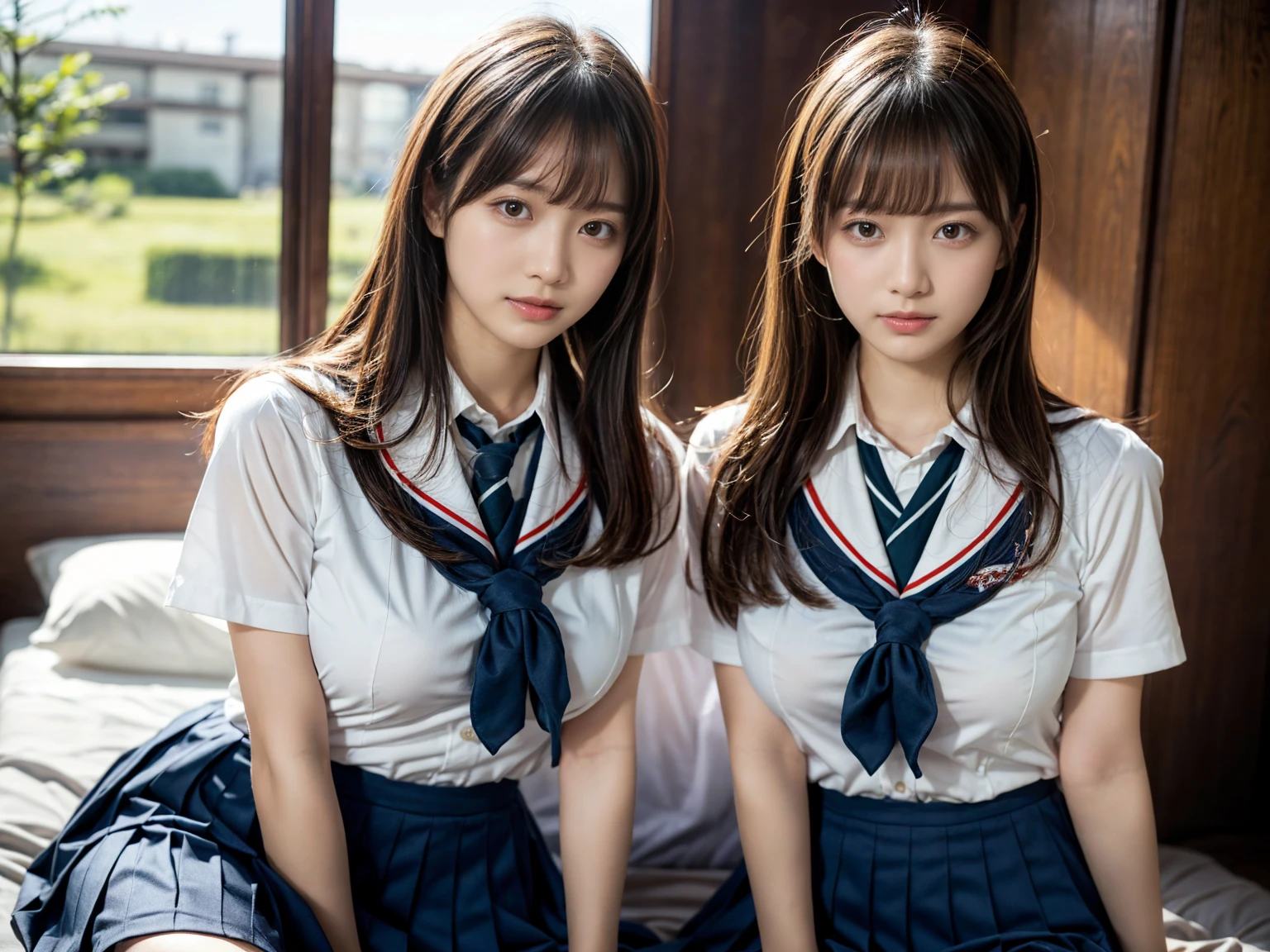 (RAW photo, 4k, masterpiece, high resolution, extremely complex) (realistic: 1.4), cinematic lighting
 ((2 girls, 2 schoolgirls)),Slam Dunk's,blushing,((innocent)),bright eyes,round eyes,blunt bangs,(straight hair:1.3),black hair,large breasts,wide hips,Summer Noon, ,Hot, (Best Quality), (Highres), (an Extremely Delicate and Beautiful),(Beautiful 8k face),(Brown eyes),short bob hair,( spectators),(gigantic breasts),(Play with each other,Touching each other's bodies,Touching the body),(Japanese high school uniform:1.3),blue skirt,(reality),bright lighting,(The background is a luxury hotel room)