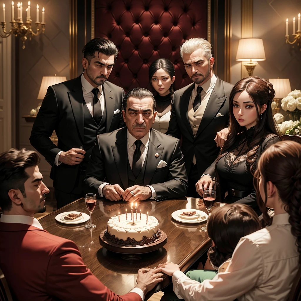 A mafia boss is celebrating his birthday with his family while sitting on a chair in his luxurious home,Centered around the mafia boss's seat,Everyone is talking and laughing,happy expression,There is a birthday cake on the dining table,His family stood beside him and enjoyed it with him