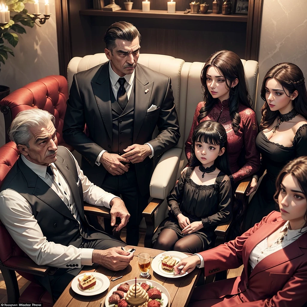 A mafia boss is celebrating his birthday with his family while sitting on a chair in his luxurious home,Centered around the mafia boss's seat,Everyone is talking and laughing,happy expression,There is a birthday cake on the dining table,His family stood beside him and enjoyed it with him