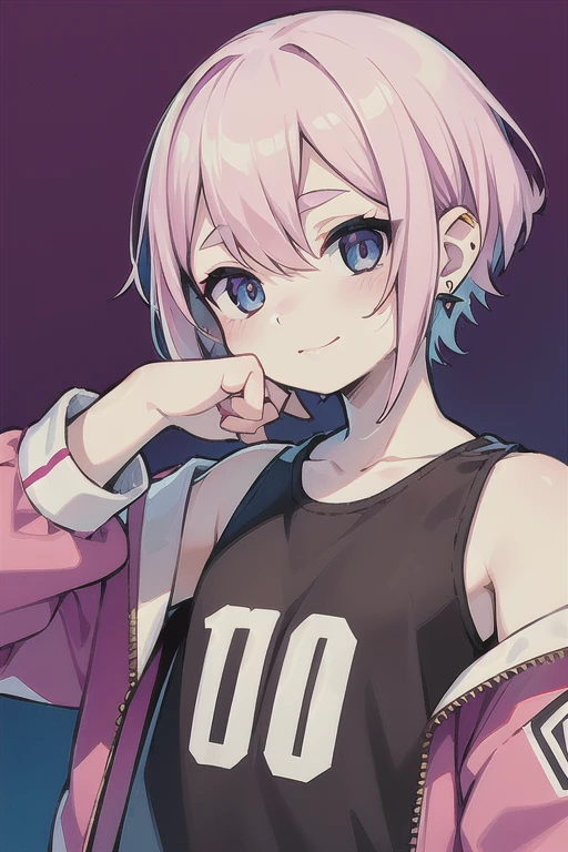 Highest quality, (high quality),light purple background,gradation,punk style,eye highlights, hands together,arms are thin, thin body,face,from front, (portrait),looking up, look at viewer,light in the eyes, eyes shine,smile,shy, blush,Pouting mouth,watery eyes,open your mouth and laugh,(((10 years old))), (1 boy),light pink hair,bob cut, bedhead,industrial earrings,illustration,anime style,