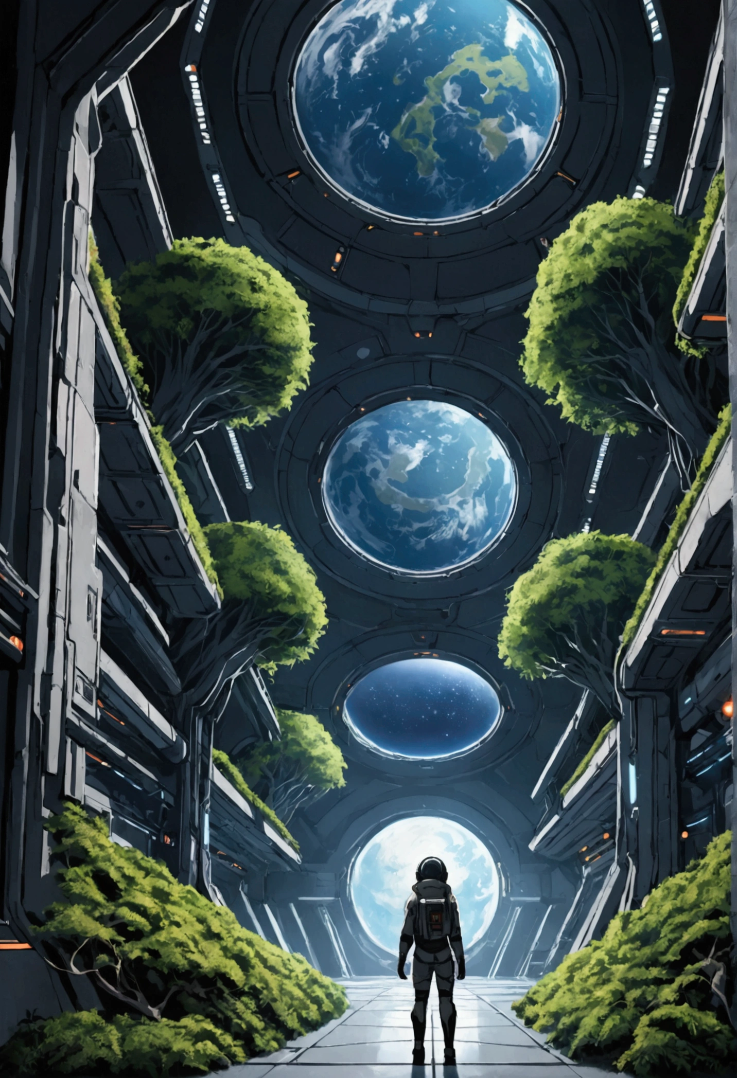lush vegetation inside a huge sci-fi space station, Rooted tree wrapped around the wall, vegetation, Gigantism, Sci-fi multi-layer space, Against the background of endless space, Place, dusk, Dystopian environment, Game Art, Nihei Tsutomu style, reproach!, Kishi Sidonia, Japanese cartoons, Caricature graphics, , A lot of small details, Ultra Detail, best quality, Highest detail, Flashing Lights, Ambient Lighting, Third person perspective,