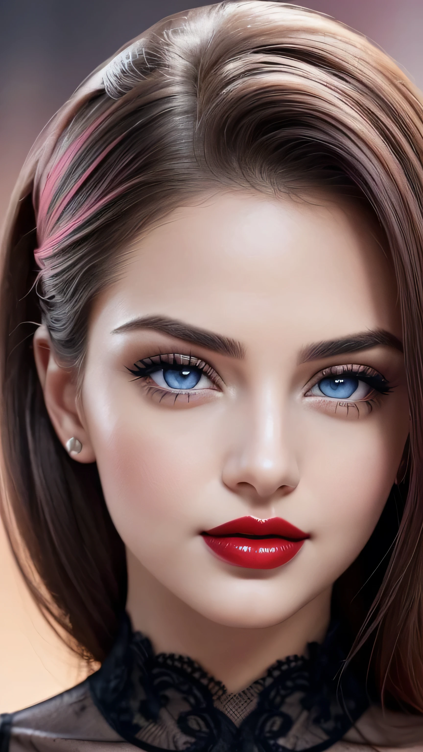 night bokeh effect background, Perfect pink eyes, Great face, Beautiful appearance, ((Red lips, Bright Eyes, Curve Heir 1.5)), ((Beautiful detailed body)), Amazing gorgeous, amazing beautiful face, Pretty face, Bright Eyes, Updo Elegant Hair, Blurred gray tone background, super concentrated, Illuminate, Facial details, 8k resolution, I drew, Dry brush, Brush strokes