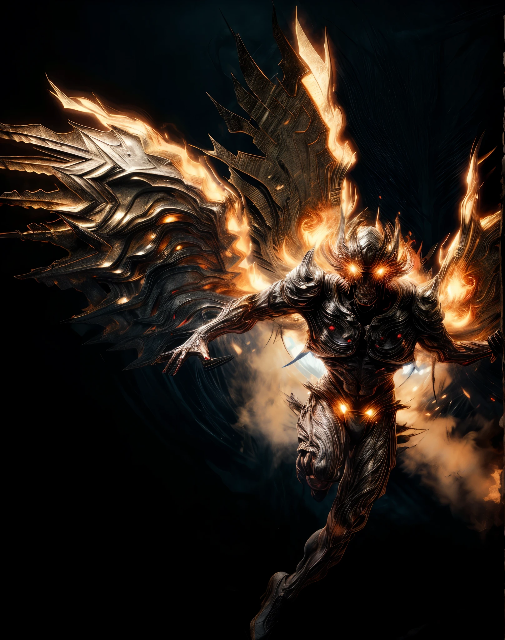 there is elemental woman with wings flying in the air, dark sky. High details, high quality, [[photorealistic Chromatic aberration]], digital photograph, HDR, high contrast, (cowboy shot), masterpiece. [The scene is surrounded by mist, evoking a mysterious and eerie atmosphere. The lighting is dark and atmospheric, with a touch of sinister ambiance. Best quality image, HDR enhancement, showcasing the utmost level of detail and realism]. [8K, Best Quality, Ultra High Resolution, (highly detailed CG unity 8k wallpaper), (best photo), (best shadows), isometric 3D, octane rendering, ray tracing, highly detailed, (Best quality, 4K, 8k:1.2), absurdity, ultra detailed, (realistic, photorealistic, photorealistic:1.37), complex parts, HDR, (complex parts:1.12), (hyper detailed, hyper realistic, Soft lighting, spicy:1.2), (complex parts, Hyper detailed:1.15). Blurred foreground. (backlit), masterpiece, high quality, brightness, chromatic aberration, shadows, contrast, clear sky, (warm hue, warm tone), high details, natural reflections]. many details.