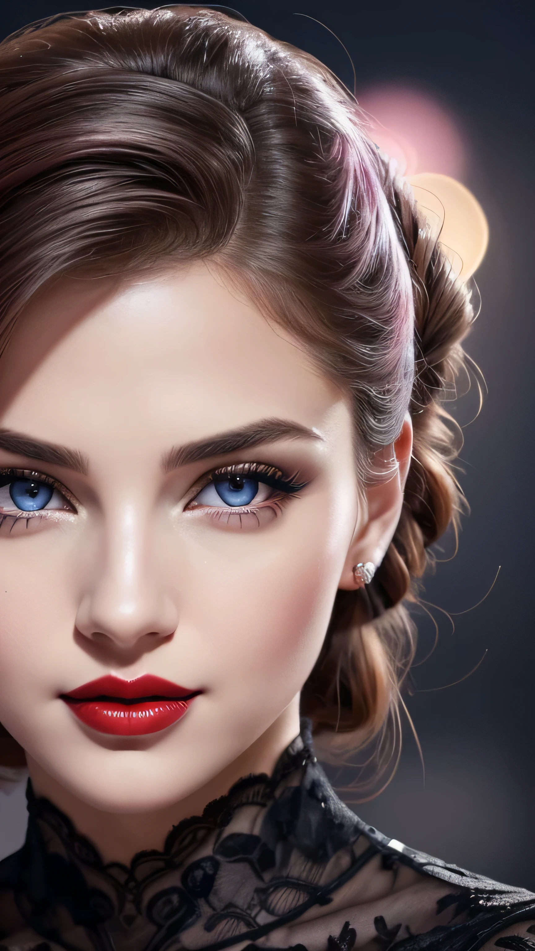 night bokeh effect background, Perfect pink eyes, Great face, Beautiful appearance, ((Red lips, Bright Eyes, Curve Heir 1.5)), ((Beautiful detailed body)), Amazing gorgeous, amazing beautiful face, Pretty face, Bright Eyes, Updo Elegant Hair, Blurred gray tone background, super concentrated, Illuminate, Facial details, 8k resolution, I drew, Dry brush, Brush strokes