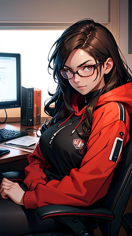 a woman sitting in a red chair in front of a computer, a character portrait, by Shitao, pixiv, furry art, close up bust shot, wearing a hoody, ( ( eye glasses ) ), with a large breasts, messy brown hair, ssao 8 k, really large bust, artgerm. high detail, noire, wavy long black hair and glasses, hacker and rebel technology expert who fights against oppressive systems and for  of information. She is in her cozy and relaxing room