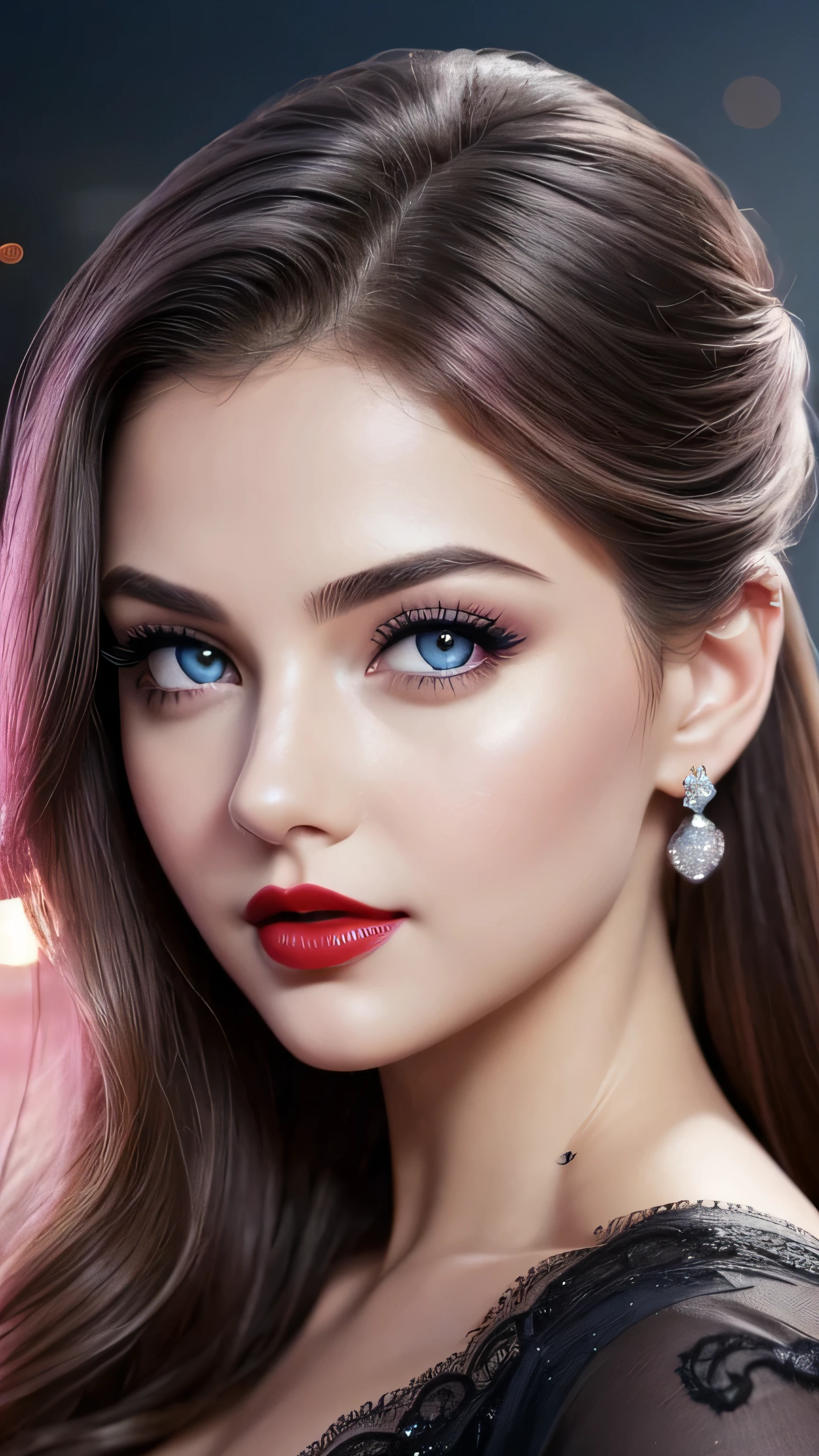 night bokeh effect background, Perfect pink eyes, Great face, Beautiful appearance, ((Red lips, Bright Eyes, Curve Heir 1.5)), ((Beautiful detailed body)), Amazing gorgeous, amazing beautiful face, Pretty face, Bright Eyes, Updo Elegant Hair, Blurred gray tone background, super concentrated, Illuminate, Facial details, 8k resolution, I drew, Dry brush, Brush strokes