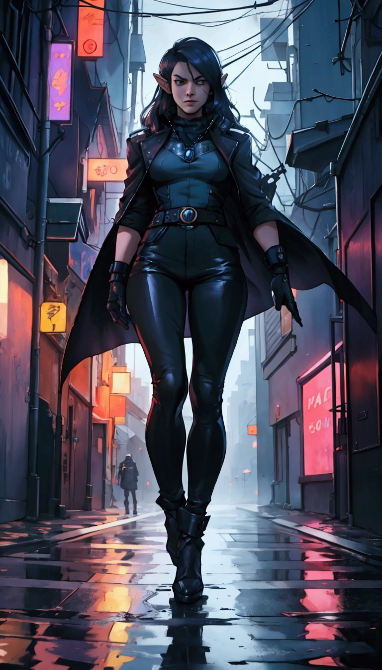 moody cinematic close up, A woman is investigating a crime scene in Paradigm City with the culture reflecting the 1940's mix with scifi and cyberpunk, night, 1woman, arms behind back, solo, indoors, coat, night, belt, building, city, open clothes, open coat, black coat, navy blue jacket, glowing, looking at viewer, zipper, long sleeves, turtleneck, criminal investigation, scifi/1940s, Neo-Noire, diesel punk, pointy ears, elf,