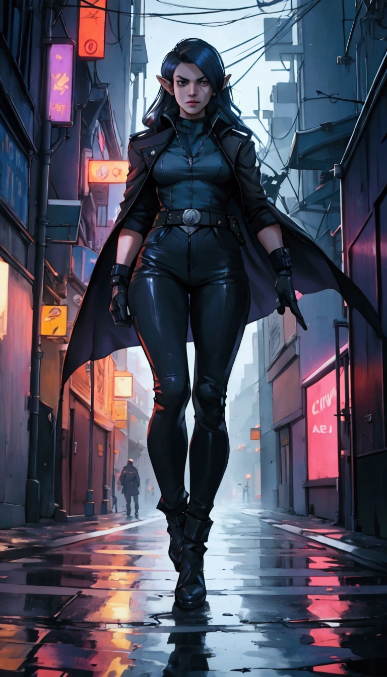 moody cinematic close up, A woman is investigating a crime scene in Paradigm City with the culture reflecting the 1940's mix with scifi and cyberpunk, night, 1woman, arms behind back, solo, indoors, coat, night, belt, building, city, open clothes, open coat, black coat, navy blue jacket, glowing, looking at viewer, zipper, long sleeves, turtleneck, criminal investigation, scifi/1940s, Neo-Noire, diesel punk, pointy ears, elf,