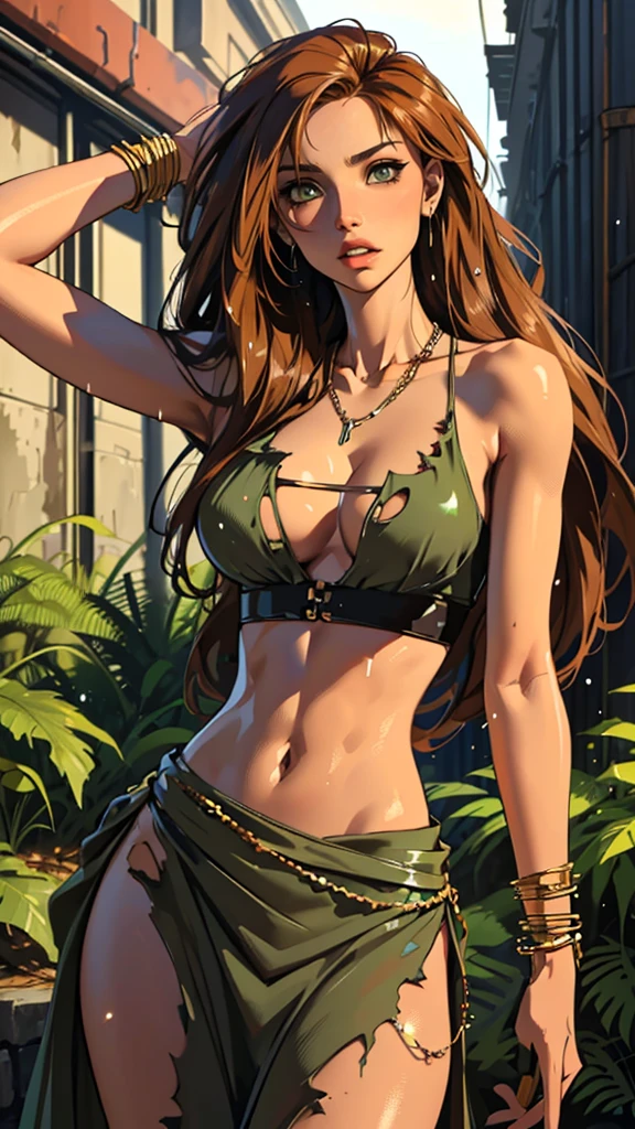 (lifelike, high - resolution:1.3), 1 girl with a perfect body,slender body, Super fine face and eyes,assasin, dark makeup, shiny skin, light brown hair, (toned stomach),Expose cleavage, (bracelets, tooth jewelry, a lot of necklaces, very long necklaces, necklaces down to stomach, body chains, waist chains), (post apocalyptic future, jungle wasteland. torn clothes, torn to shreds dress), (wet skin, shiny skin), large breasts, abs
