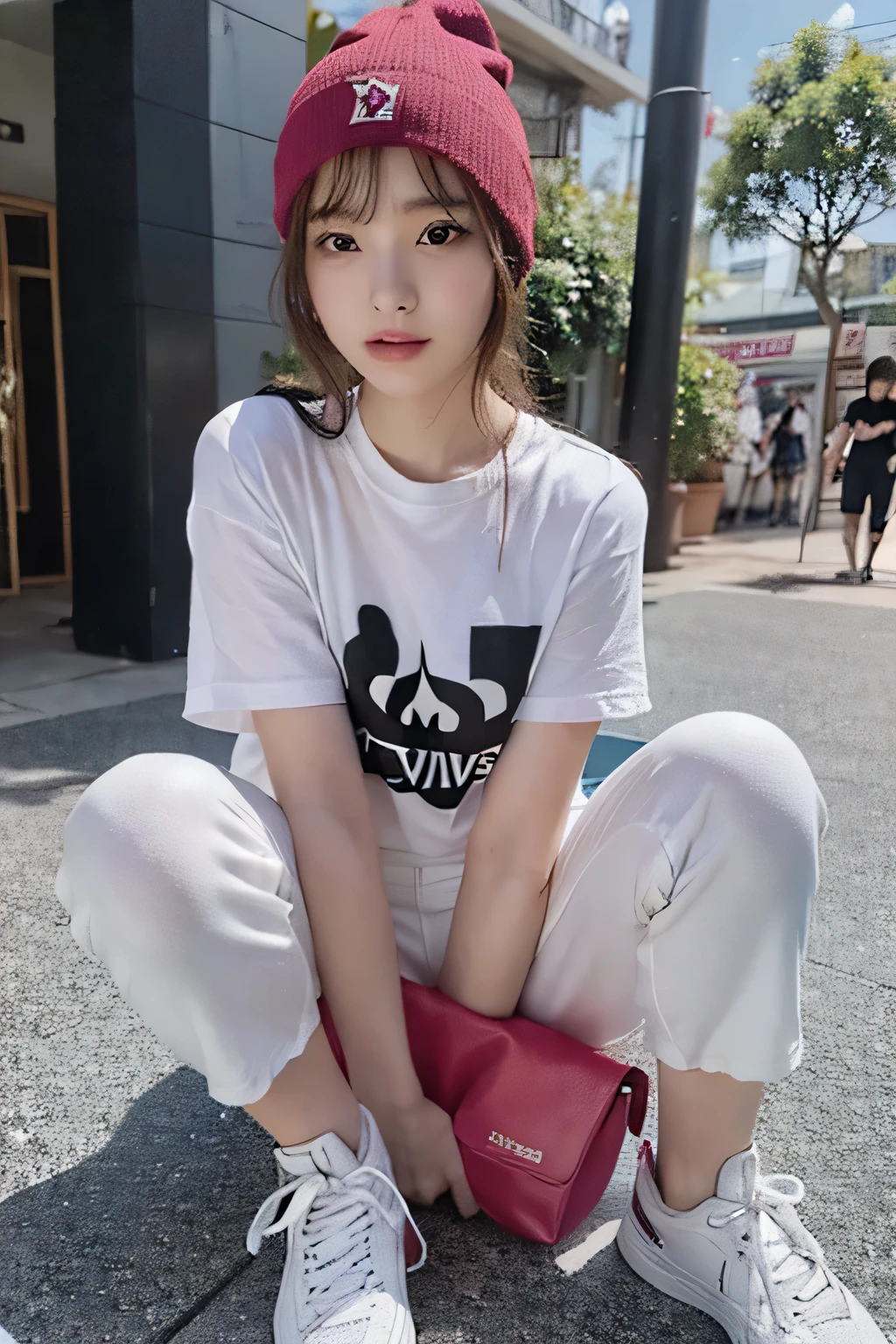 girl wearing black oversized tshirt, short sleeves with " Devils Figures" logo on it , baggy pants and white sneakers sitting outside the korean mall holding red purse posing for instagram story, full body shot, straight blonde hair with bangs, 20 years old, wearing beanie --ar 51:64