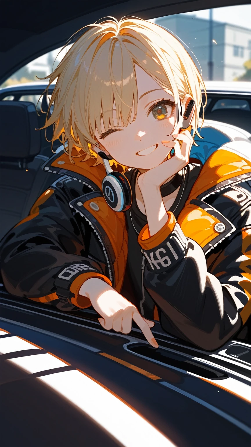 ung girl,Beautiful light and shadow,light short hair,earphone,Punk style,jacket,Close one eye,Rest your chin on your hand while making a reasoning gesture,Smile,(Separation of light and shadow),(Characters start from the center),(Half night and half day),car,road,High-rise,((Light Blonde Short Hair))