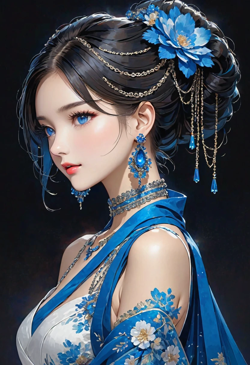 The image depicts a person with an elaborate hairstyle featuring a combination of black and bright blue colors, styled in an elegant updo adorned with decorative hair accessories. The individual is wearing a white dress with thin straps and a high neck choker, complemented by layered chains around the neck. They are also wearing a pair of long, dangling earrings. A light shawl is draped over their shoulders, adding to the sophisticated look. The background is dark, which highlights the bright elements of their attire.