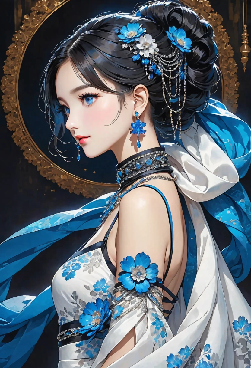 The image depicts a person with an elaborate hairstyle featuring a combination of black and bright blue colors, styled in an elegant updo adorned with decorative hair accessories. The individual is wearing a white dress with thin straps and a high neck choker, complemented by layered chains around the neck. They are also wearing a pair of long, dangling earrings. A light shawl is draped over their shoulders, adding to the sophisticated look. The background is dark, which highlights the bright elements of their attire.