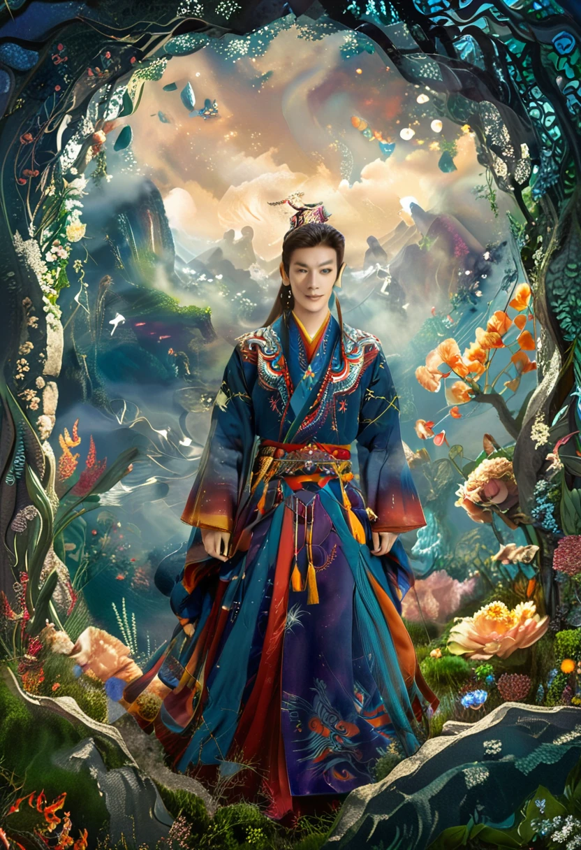 Gustave Moreau(Gustave Moreau),Thomas Kinkade(thomas kinkade),james gurney(James Gurney)HDR landscape photos taken,Carne Griffith,Paintings by Alberto Servizú,masterpiece,Realism,Dark,蓝tone,Surrealism,Starlight环,In the bright embrace of the moonlight serenade,1 Miao beauty,((独奏)),Wearing famous national costumes,Hmong clothing,Standing,模特Standing姿势,earrings,hat,belt,Real shot,Tall,Long hair shawl,braid,The decorative patterns on Miao robes are mostly geometric shapes.,Auspicious flowers and plants,snowflake,bats, etc,Various carved window frames,The window frames are engraved with wired grooves and various patterns,Clean background,Agate accessories,Fashion,Compared,tone,Texture,detail,Starlight,Colorful halo,Vibrant energy,Expressive,dramatic,organic lines and forms,dreamy and mysterious,Surrealism,Portrait Photography,complex,meticulous,sharp,Clarity,Better image quality,Rough brushstrokes,High Dynamic Range,vivid,detail丰富,阴影和高光Clarity,reality