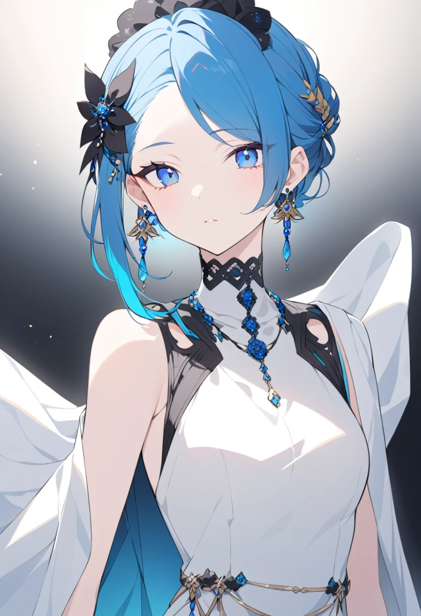 The image depicts a person with an elaborate hairstyle featuring a combination of black and bright blue colors, styled in an elegant updo adorned with decorative hair accessories. The individual is wearing a white dress with thin straps and a high neck choker, complemented by layered chains around the neck. They are also wearing a pair of long, dangling earrings. A light shawl is draped over their shoulders, adding to the sophisticated look. The background is dark, which highlights the bright elements of their attire.