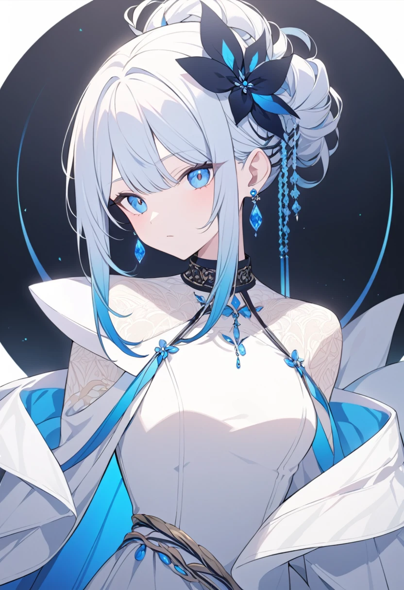 The image depicts a person with an elaborate hairstyle featuring a combination of black and bright blue colors, styled in an elegant updo adorned with decorative hair accessories. The individual is wearing a white dress with thin straps and a high neck choker, complemented by layered chains around the neck. They are also wearing a pair of long, dangling earrings. A light shawl is draped over their shoulders, adding to the sophisticated look. The background is dark, which highlights the bright elements of their attire.