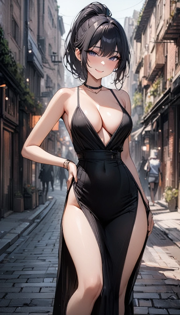 (masterpiece, best quality:1.2), 1 girl, alone , sexy , (maxi_dress), cowboy shot, black hair ,hair ponytail, (shyly_smile), (street_background) , outdoor, look at viewer, busty_breasts, cleavage 