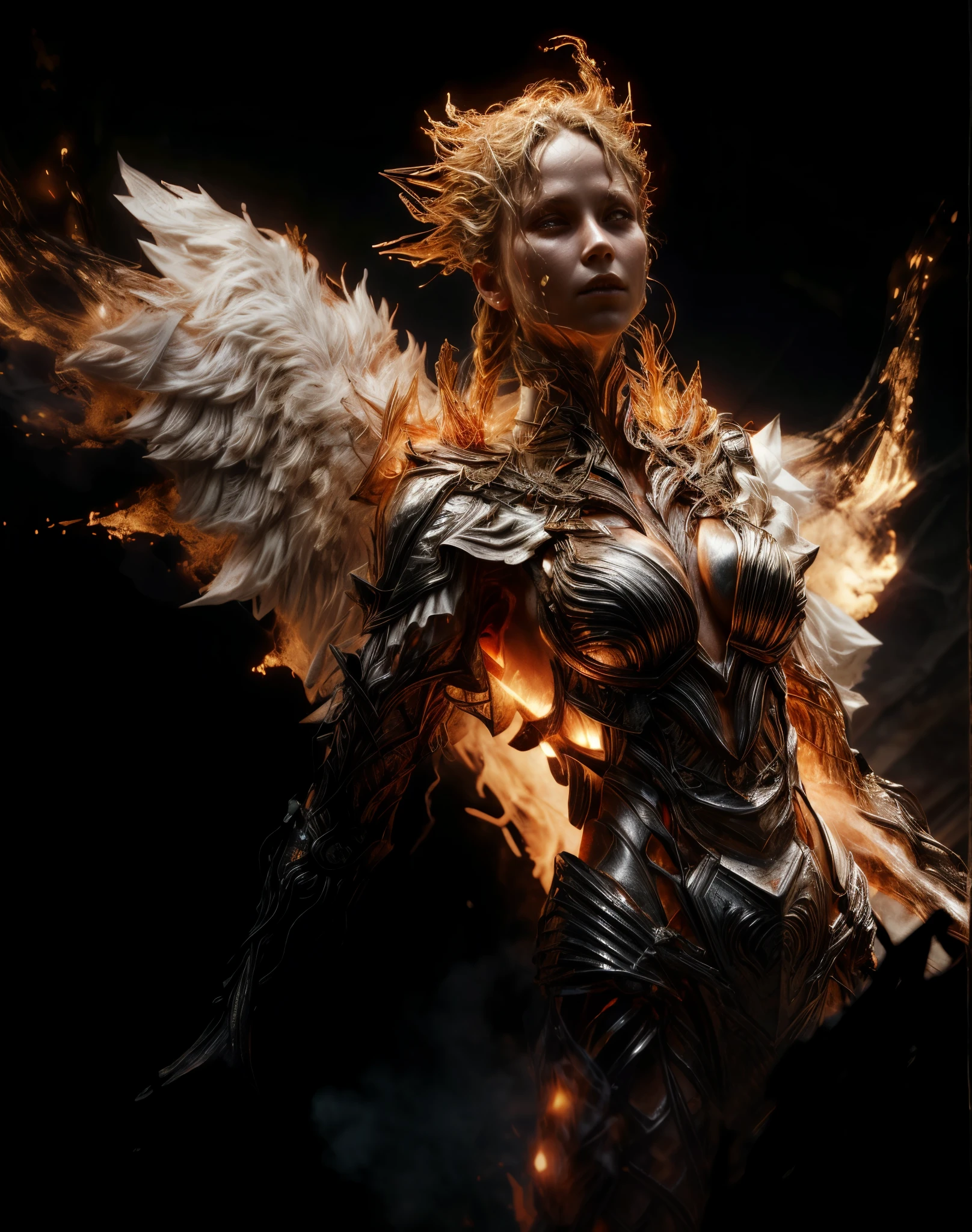 there is elemental woman with wings flying in the air, dark sky. High details, high quality, [[photorealistic Chromatic aberration]], digital photograph, HDR, high contrast, (cowboy shot), masterpiece. [The scene is surrounded by mist, evoking a mysterious and eerie atmosphere. The lighting is dark and atmospheric, with a touch of sinister ambiance. Best quality image, HDR enhancement, showcasing the utmost level of detail and realism]. [8K, Best Quality, Ultra High Resolution, (highly detailed CG unity 8k wallpaper), (best photo), (best shadows), isometric 3D, octane rendering, ray tracing, highly detailed, (Best quality, 4K, 8k:1.2), absurdity, ultra detailed, (realistic, photorealistic, photorealistic:1.37), complex parts, HDR, (complex parts:1.12), (hyper detailed, hyper realistic, Soft lighting, spicy:1.2), (complex parts, Hyper detailed:1.15). Blurred foreground. (backlit), masterpiece, high quality, brightness, chromatic aberration, shadows, contrast, clear sky, (warm hue, warm tone), high details, natural reflections]. many details.