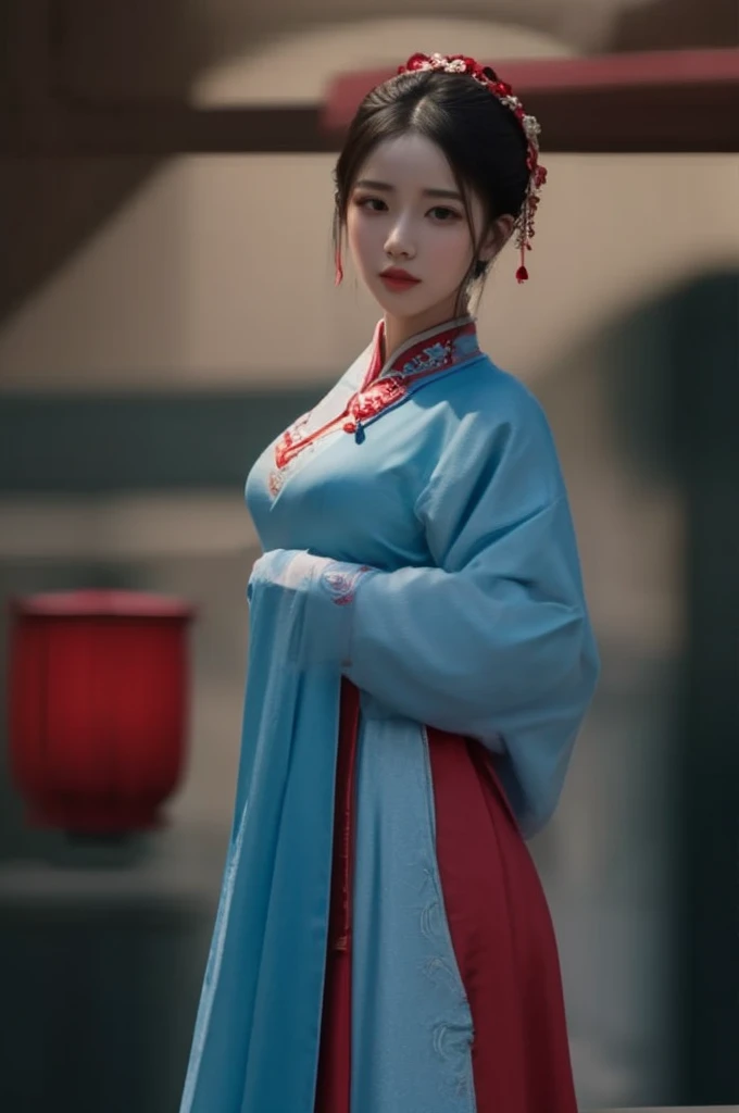 8k, Masterpiece Best Quality, Women, Man, (Gentle Shape), perfect face, hanfu dress, sexy, fascinating, thin fabric chinese dress, tower, red lantern tower,