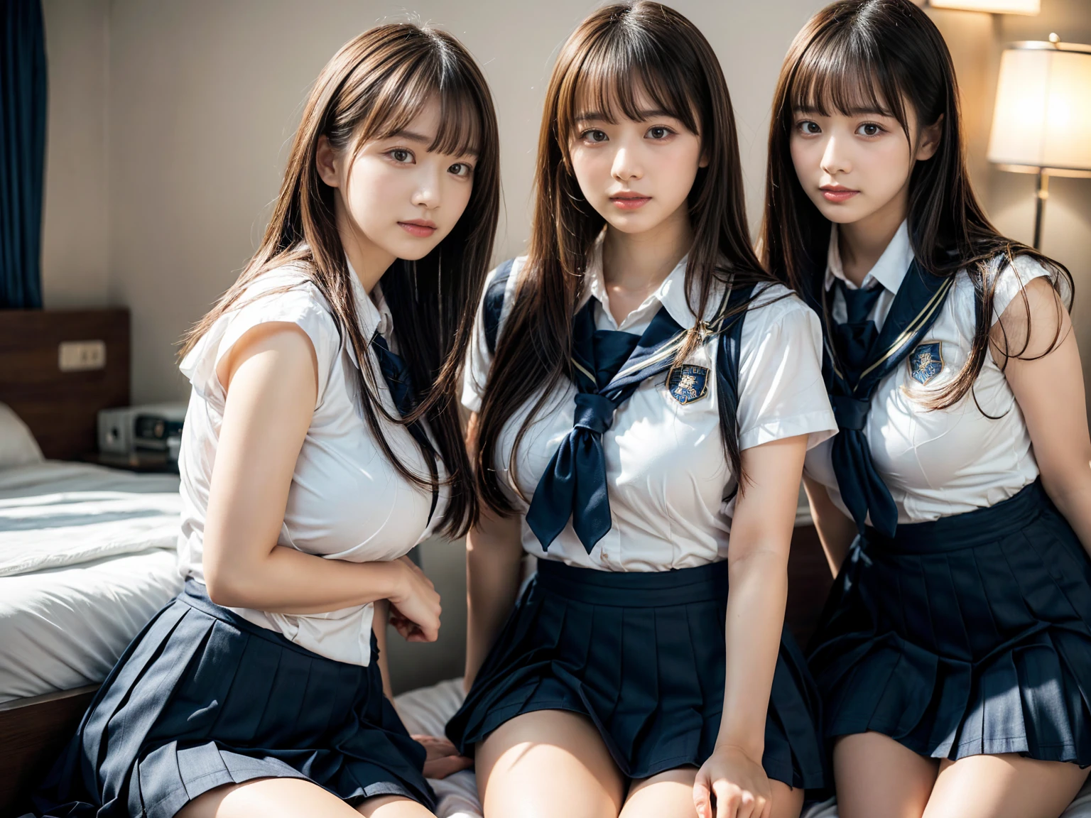 (RAW photo, 4k, masterpiece, high resolution, extremely complex) (realistic: 1.4), cinematic lighting
 ((2 girls, 2 schoolgirls)),Slam Dunk's,blushing,((innocent)),bright eyes,round eyes,blunt bangs,(straight hair:1.3),black hair,large breasts,wide hips,Summer Noon, ,Hot, (Best Quality), (Highres), (an Extremely Delicate and Beautiful),(Beautiful 8k face),(Brown eyes),short bob hair,( spectators),(gigantic breasts),(Play with each other,Touching each other's bodies,Touching the body),(Japanese high school uniform:1.3),blue skirt,(reality),bright lighting,(The background is a luxury hotel room)