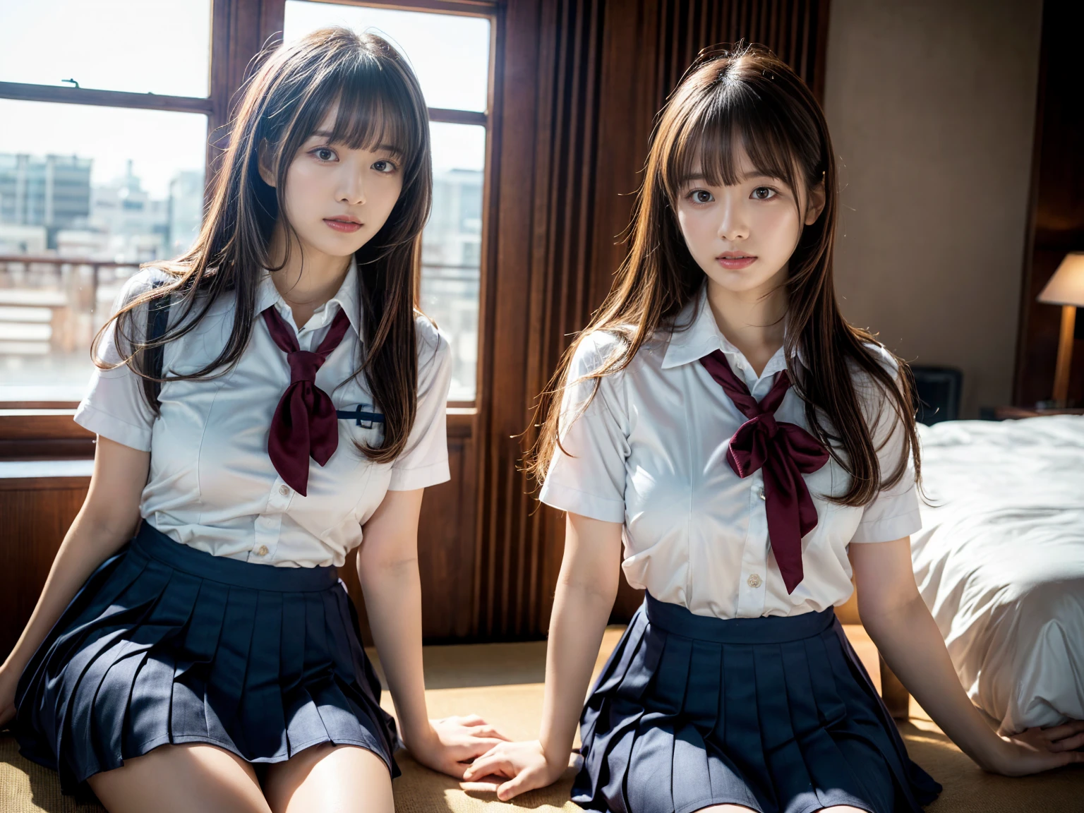 (RAW photo, 4k, masterpiece, high resolution, extremely complex) (realistic: 1.4), cinematic lighting
((2 girls, 2 schoolgirls)),Slam Dunk's,blushing,((innocent)),bright eyes,round eyes,blunt bangs,(straight hair:1.3),black hair,large breasts,wide hips,Summer Noon, ,Hot, (Best Quality), (Highres), (an Extremely Delicate and Beautiful),(Beautiful 8k face),(Brown eyes),short bob hair,( spectators),(gigantic breasts),(Play with each other,Touching each other's bodies,Touching the body),(Japanese high school uniform:1.3),blue skirt,(reality),bright lighting,(The background is a luxury hotel room)