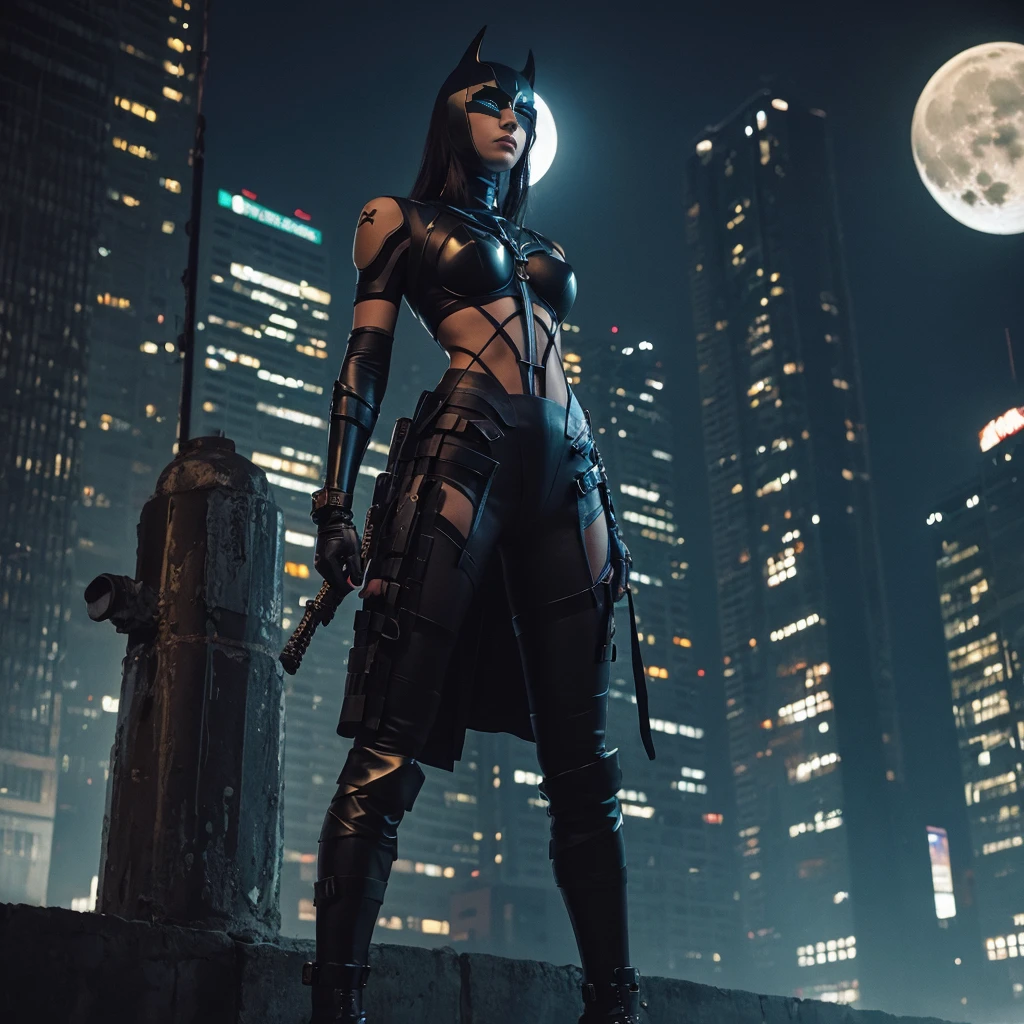 Cubism. Cyberpunk. Full body pictures. Looking at the camera. The background is darkness and a large full moon. Painted by Banksy. Archaic smile sculpture of a dark knight heroine wearing dark armor.