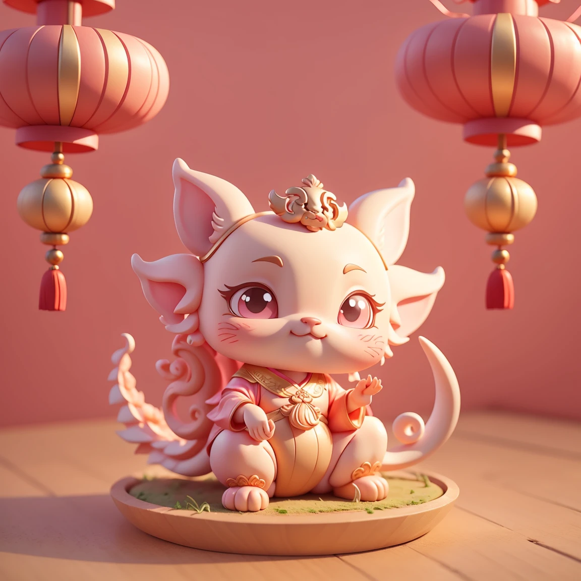 Also clamp style、clay, carved,pinch,pitch, gum 3d,,by doing meditation,bend,t,A cute Chinese dragon, There are dragon horns,Spring Festival,Festive atmosphere,Red pink and light gold styles, Decorations,