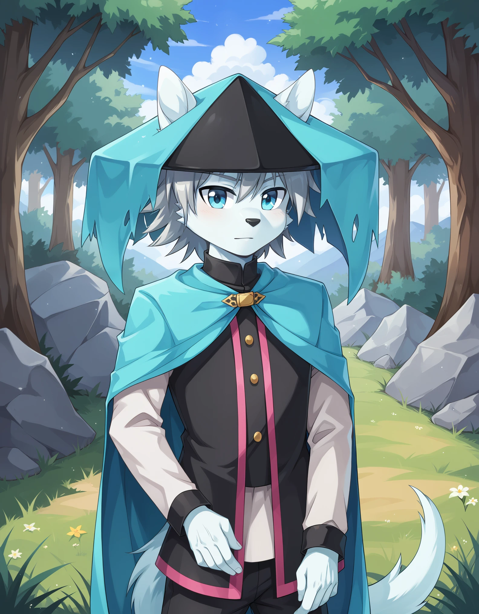 score_9, score_8_up, score_7_up, score_6_up, (du57aet, anthro, tail), ((male focus, 1boy, solo)), male, half-length portrait, blue eyes, hat, cape, vest, forest background