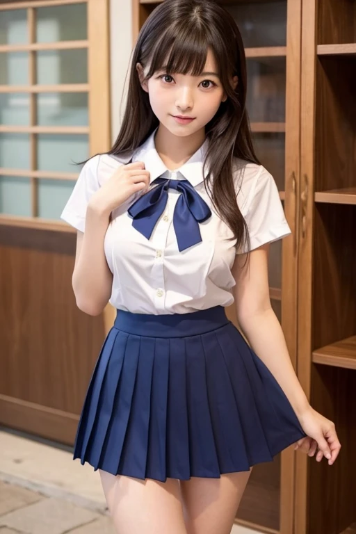 Japanese women, (smile:1.05),Browsing Caution、8k,Highest quality, masterpiece, Very detailed, 超High resolution, Realistic, RAW Photos, , Absolute Resolution, Complete limbs、Complete Anatomy、Perfect beautiful skin、cute女の子1人,cute女の子 、(smile:1.2)、Lolita Girl、(school uniform:1.3)、(Sleeveless shirt:1.1)、 ((If you raise your right hand above your head, you can see your armpit.))、((左手でPleated skirtを掴んで捲るとWhite lace pantiesが確認できる))、Accentuate your thighs、cute女の子、 Japanese Girls、(bedroom:1.2)、Mix 4, (16K, Raw photo, Full body portrait、Best image quality, masterpiece: 1.45), (Realisticな, Photorealistic: 1.37), Two Girls, cute, Professional Lighting, Photon Mapping, bedroom, Physically Based Rendering, Dark brown long bob hair,Beautiful, well-groomed eyes、double eyelid、With a girl, (((Sleeveless shirts worn by Japanese high school girls、Pleated skirt、Dark blue short socks))), Highest qualityの写真, High resolution, 1080P, (Clear Face), (Detailed face description), (Detailed hand description), (masterpiece), masterpiece、Rich details、(Beautiful Faces)、(Highest qualityの写真)、(Detailed eyes)、Look in front of you、Thin clavicle、((Slim and large))、(((日本はSleeveless shirtを着る)))、((Pure Idol))、((明るいbedroom))、(Shot from random perspectives)、(((White lace panties))),smile、Drawing the whole body from the knees、No nasolabial folds、(((Large firm breasts:1.2)))、Firm big ass、Two arms and two legs、(((from the front:0.4)))、bare hands、Symmetrical eyes、
