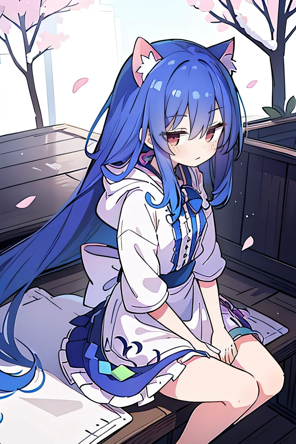 （masterpiece：1.2），Super detailed，lifelike，Expressive eyes，fair skin，perfect face shape，1 girl，
Japanese comics,Gorgeous blue hair,flowing blue hair,flowing clothes,Cat ears,Petals fall,beautiful lola,Baby Angel,
Shaking head with one hand，Cross your legs，Gentle and peaceful background，The pavilion is cool and comfortable,smile, wearing hoodie, background of tokyo,back views,snowing, winter.